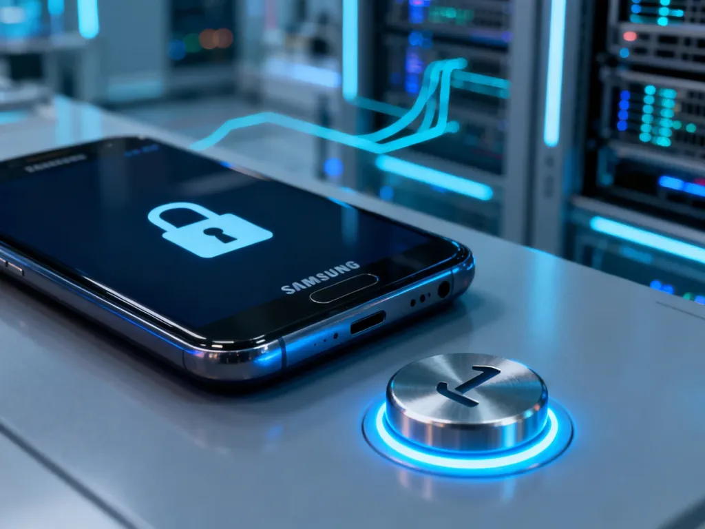 Ekran smartfona Samsung z ikoną blokady i podświetlonym symbolem resetu na tle nowoczesnego laboratorium.