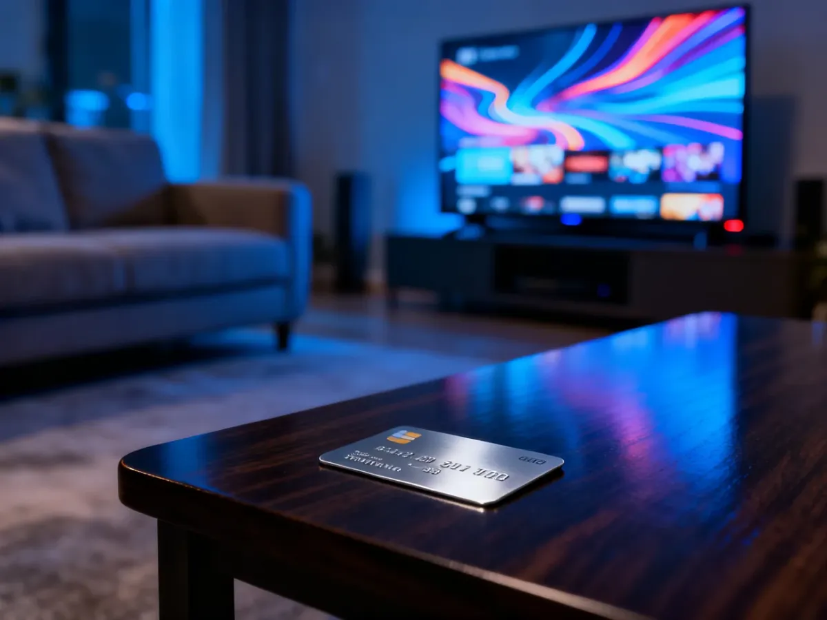 Nowoczesny telewizor z interfejsem streamingowym oraz karta płatnicza na stole, symbolizujące opłacanie subskrypcji Netflix.