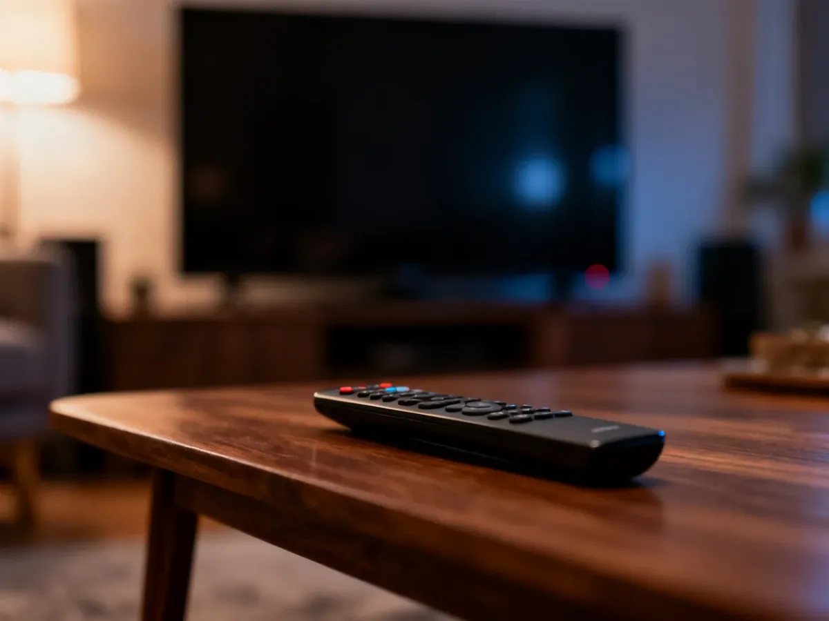 Nowoczesny salon z włączonym telewizorem i pilotem na stoliku, tworzący przytulną atmosferę domowego kina.