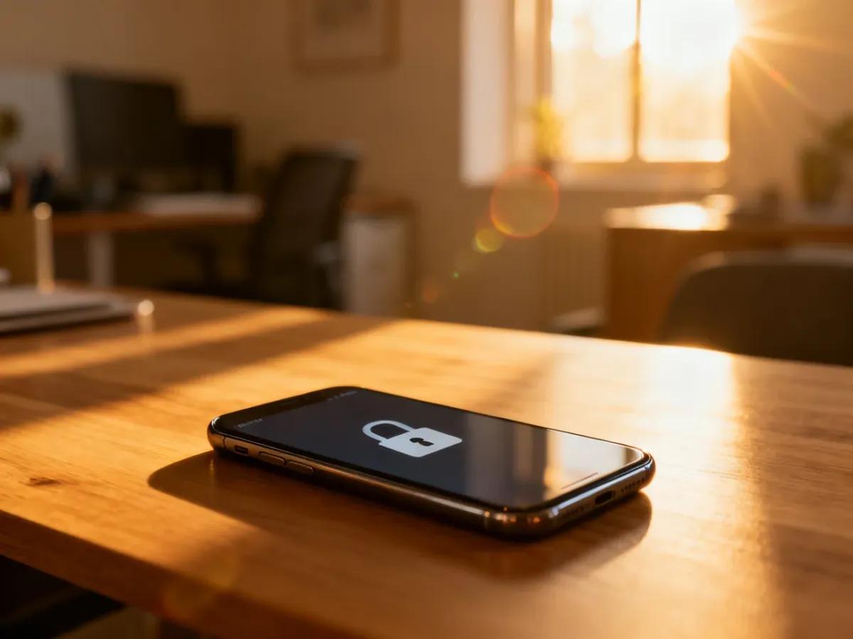 Nowoczesny smartfon z ikoną blokady na ekranie, leżący na drewnianym biurku w słonecznym domowym biurze.
