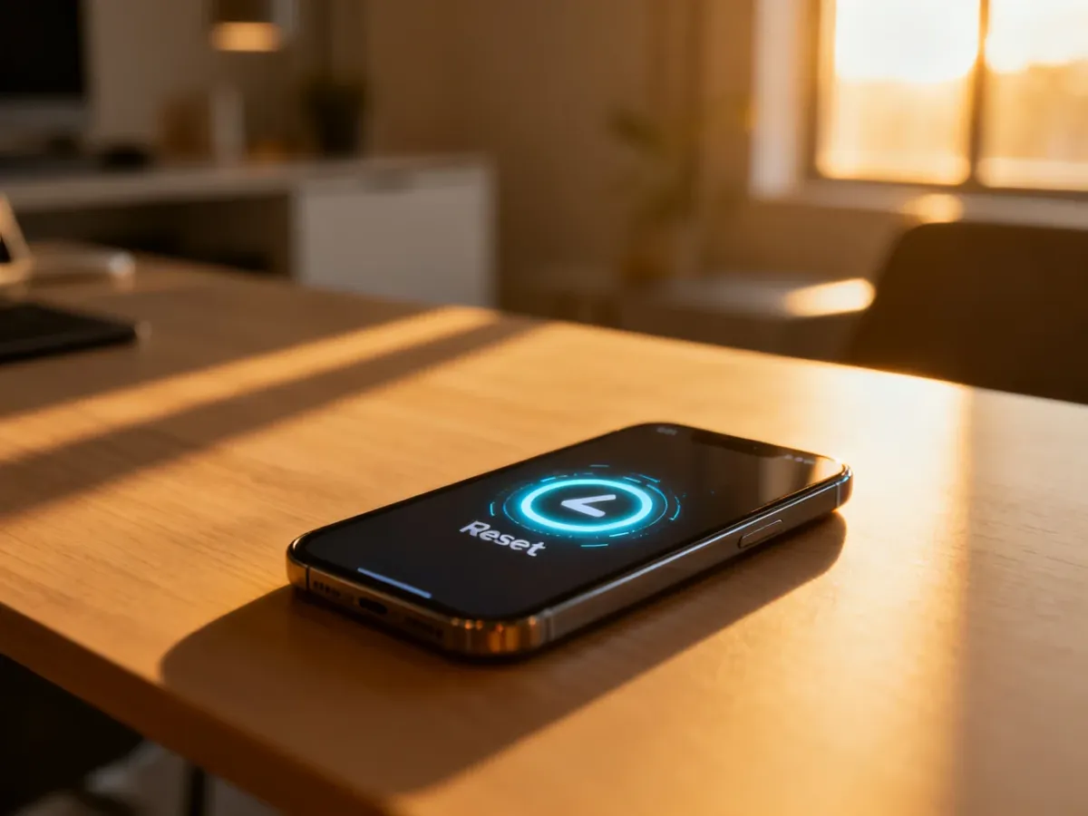 Nowoczesny smartfon z ikoną resetowania na ekranie, leżący na drewnianym biurku w słonecznym domowym biurze.