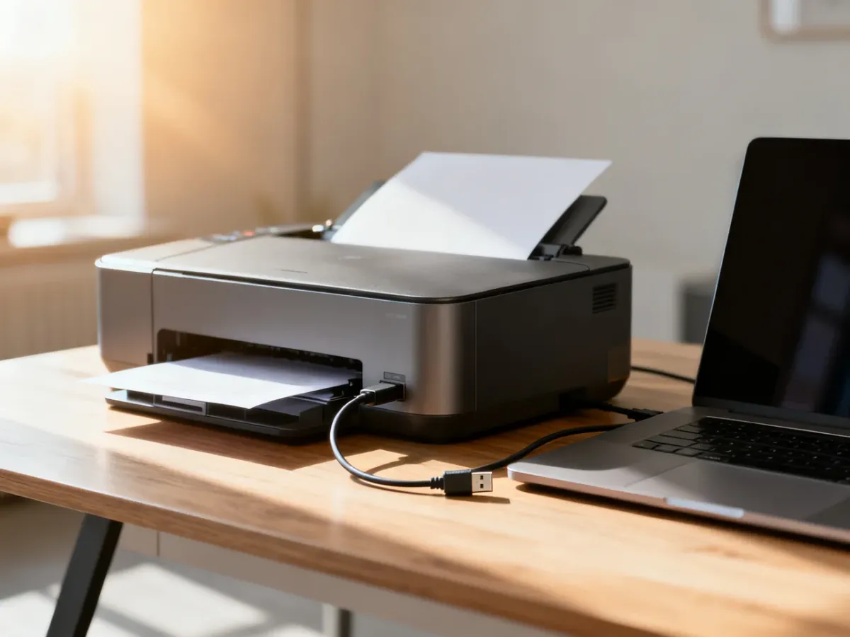 Nowoczesna drukarka podłączona kablem USB do laptopa na biurku w domowym biurze.