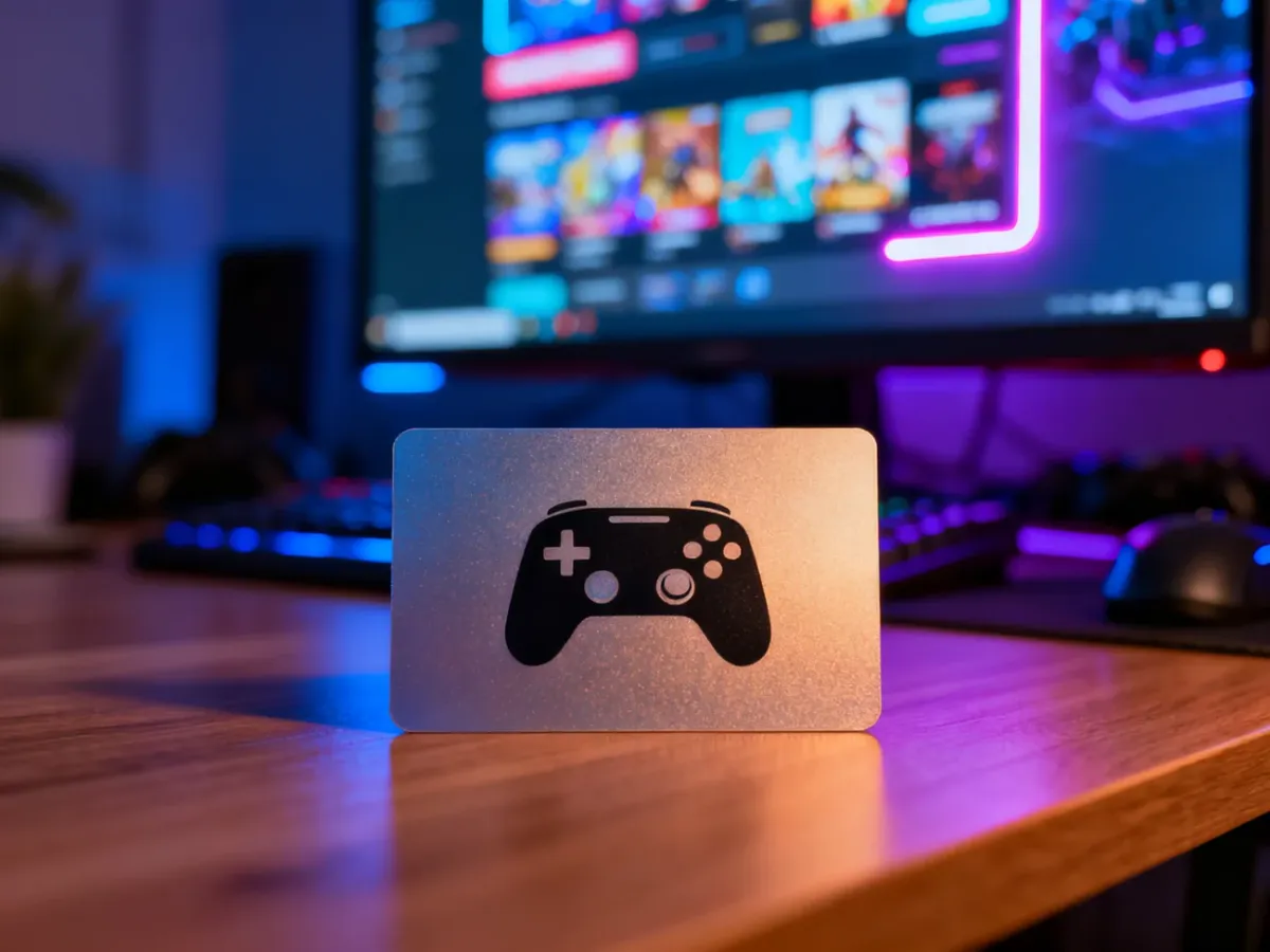 Karta podarunkowa Steam leżąca na biurku na tle monitora z otwartym sklepem z grami.
