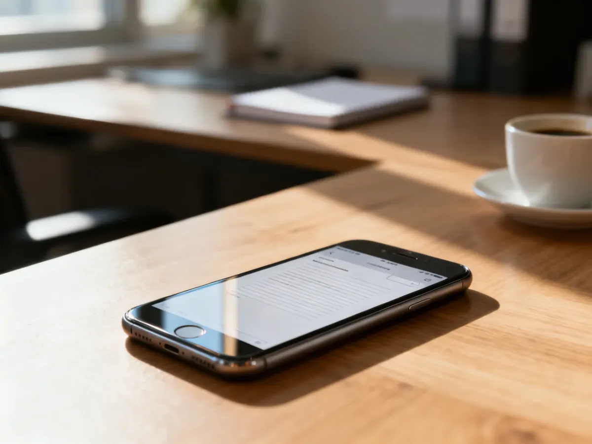 Nowoczesny smartfon z otwartym dokumentem na ekranie, leżący na drewnianym biurku w biurowym otoczeniu.