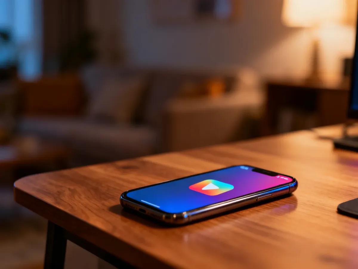 Smartfon z ikoną serwisu wideo na drewnianym biurku w przytulnym salonie, ilustrujący dostęp do treści premium.