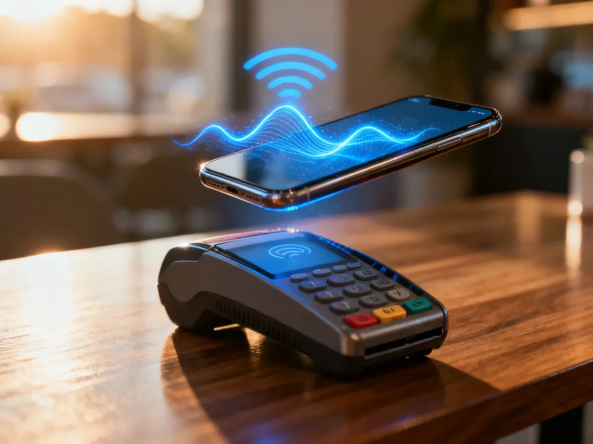 Smartfon zbliżony do terminala płatniczego z wizualizacją bezprzewodowej transmisji danych NFC.