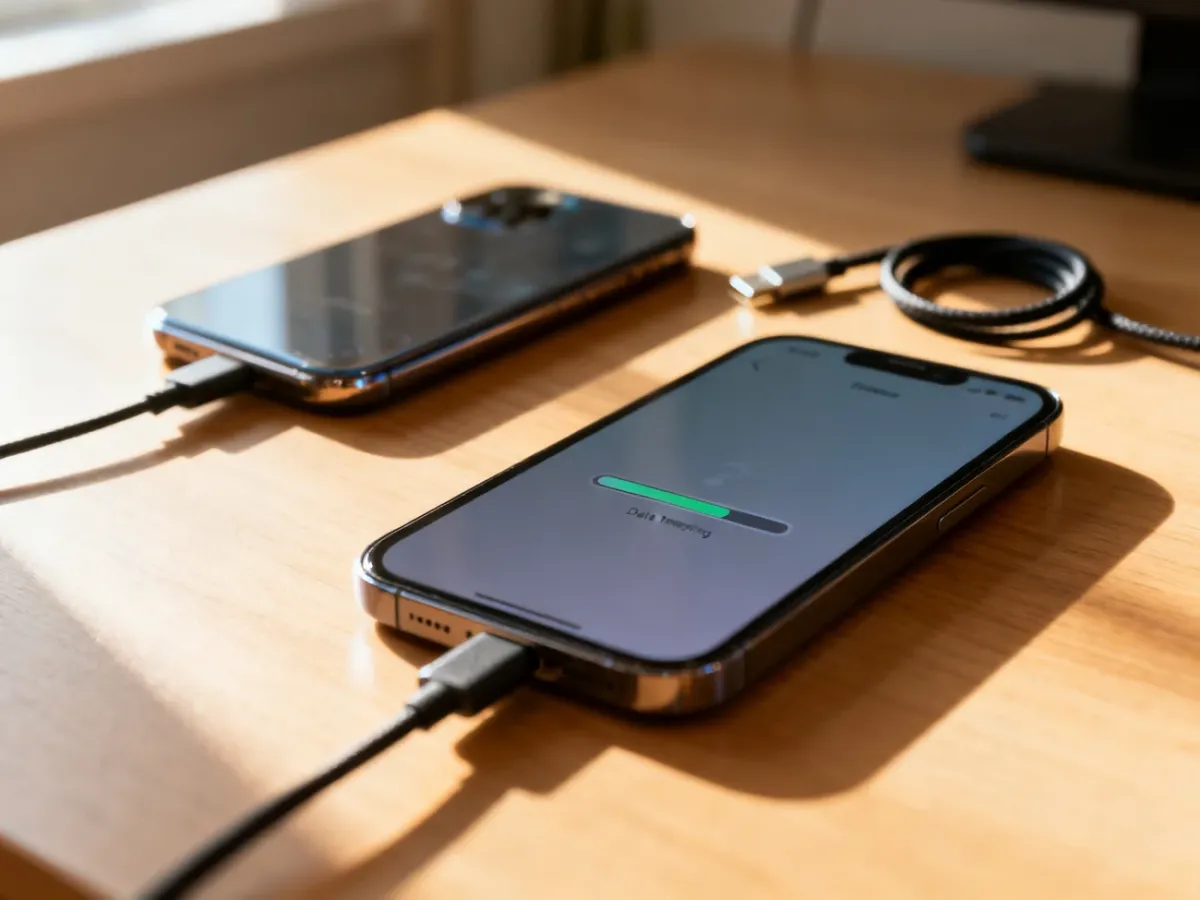 Nowoczesny smartfon z paskiem postępu przesyłania danych obok starszego modelu i kabla USB-C na drewnianym biurku.