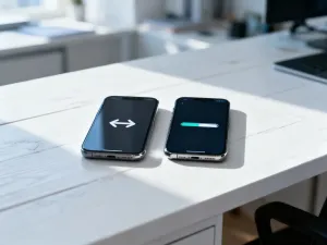 Nowoczesny smartfon na drewnianym biurku z ikoną ładowania na ekranie, symbolizującą proces przywracania ustawień fabrycznych.