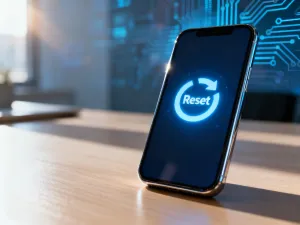 Nowoczesny smartfon z ikoną blokady na ekranie, leżący na drewnianym biurku w słonecznym domowym biurze.