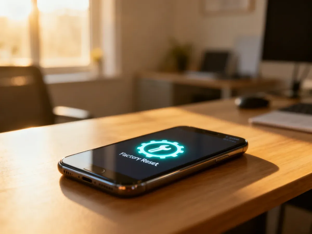 Ikona resetowania ustawień fabrycznych na ekranie smartfona leżącego na biurku, symbolizująca proces przywracania telefonu.